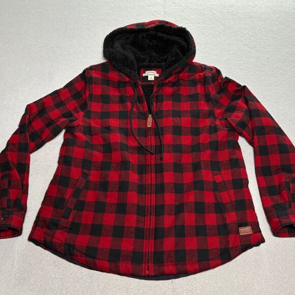 LL Bean Relaxed Fit Flannel Shacket Sherpa Lined Red/Black Plaid Hoodie Medium - Picture 5 of 12